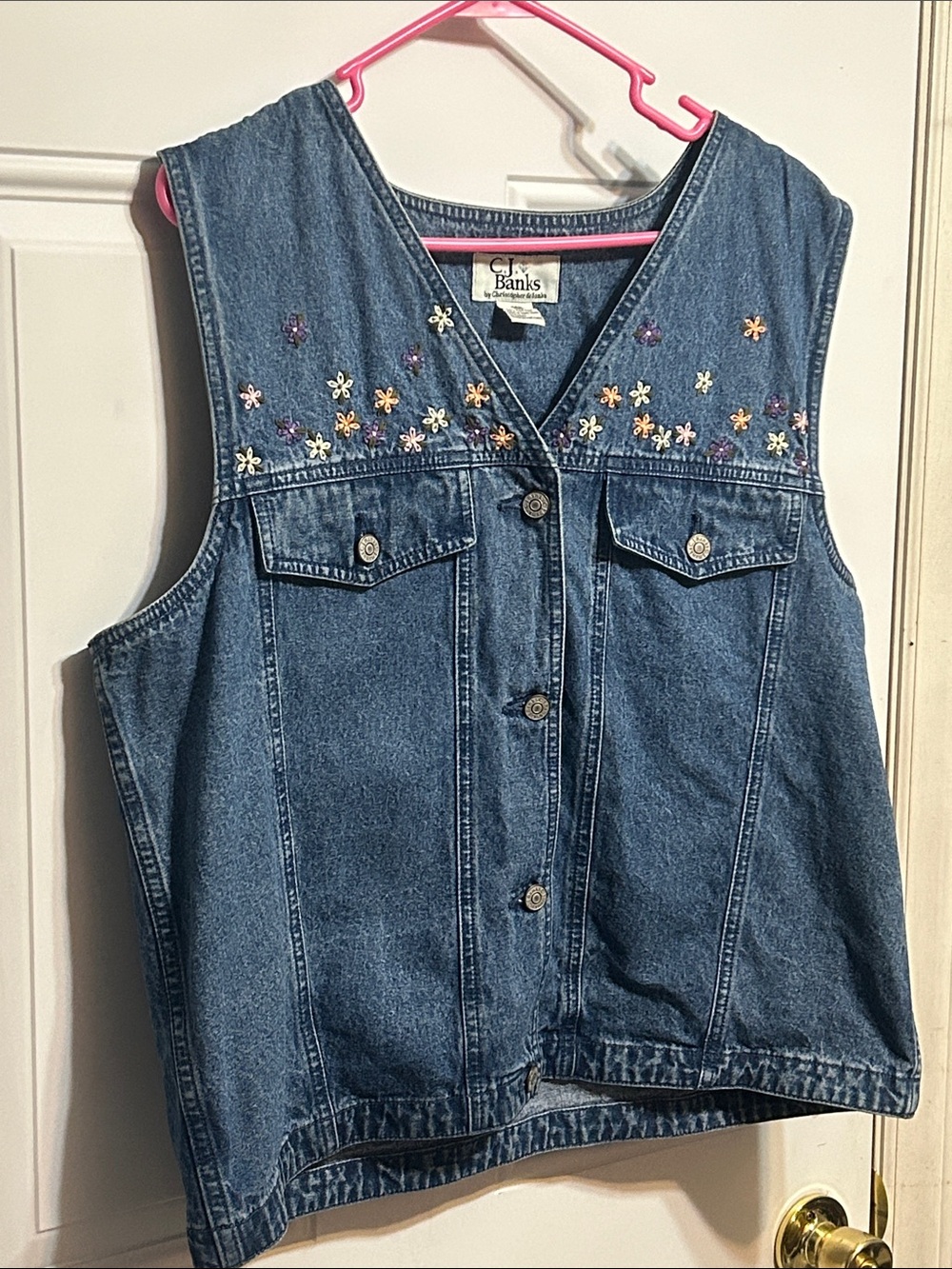 CJ Banks Blue Denim Vest with Embroidered Floral Accents